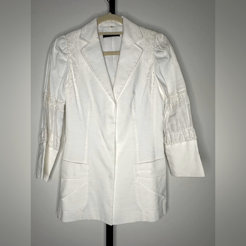 Elie Tahari Linen Blend Blazer Jacket Top Lace 3/4 Sleeve White
